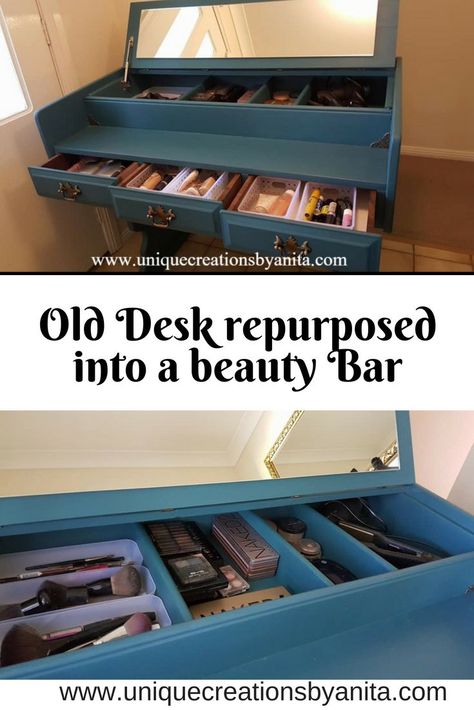 Old writing desk repurposed into a beauty bar/vanity/makeup table #wood #woodworking #furniture #tutorial #repurposed #upcycle #diy #doityourself #reclaimed #handmade #diydecor #wooden #girlswhobuild #furnituremakeover #repurpose #diyhomedecor #diyproject #woodwork #makeup Secretary Desk Makeup Vanity, Refurbished Desk Into Vanity, Vanity Diy Ideas, Upcycle Vanity, Old Writing Desk, Wooden Makeup Vanity, Old Writing, Vanity Makeup Table, Upcycle Diy