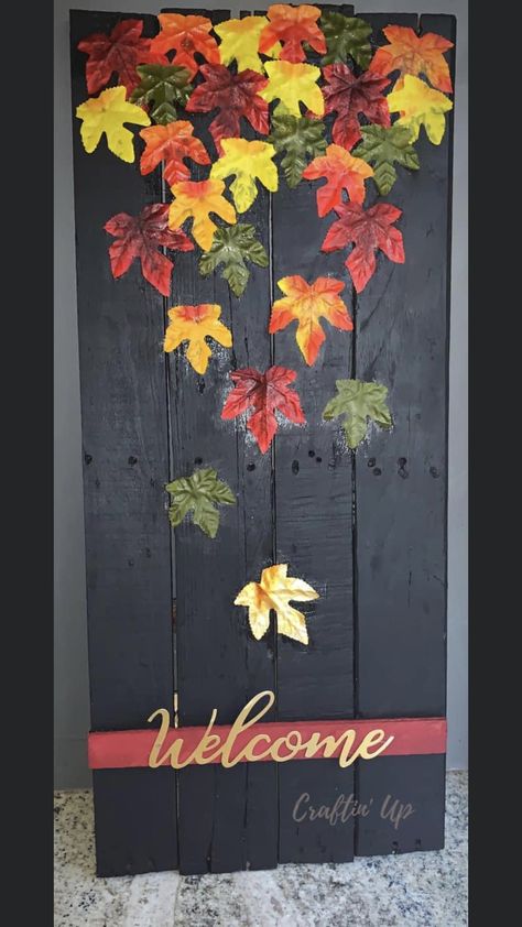 Fall Pallet Decor, Diy Fall Pallet Signs, Fall Leaves Window Painting, Painting Fall Leaves On Wood, Painted Wood Fall Leaf, Fall Painting On Wood Plank, Barnwood Ideas, Fall Pallets, Pallet Decor