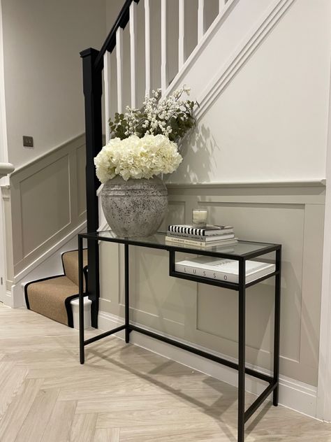 Black Accent Hallway, Egyptian Cotton And Black Hallway, Black And White Entrance Hall, Egyptian Cotton Hallway Ideas, Cream And Black Hallway Ideas, Egyptian Cotton And Black Living Room, Hallway Ideas Black And White, Black And White Panelling, Black And Cream Hallway