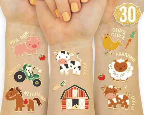 Farm Party Supplies Temporary Tattoos 30 Glitter Styles | Etsy Petting Zoo Party, Gold Bachelorette Party Decorations, Bride To Be Balloons, Barnyard Birthday Party, Cow Horse, Dinosaur Party Favors, Zoo Party, Barnyard Birthday, Farm Birthday Party