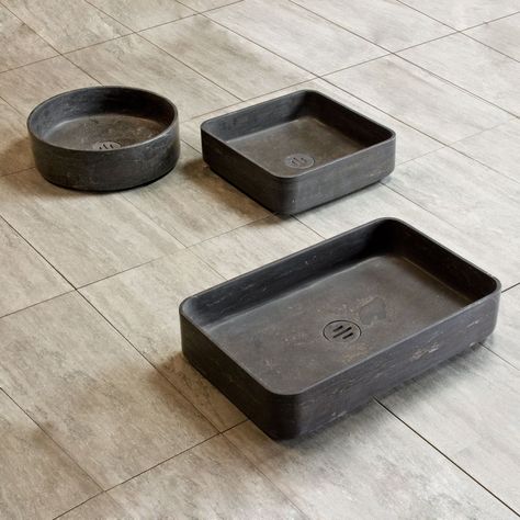 Contour Vessel Sinks by stone forest #bathroomvesselsinks Wash Basin Design, Granite Remnants, Concrete Vessel Sink, Stone Bathroom Sink, Natural Stone Bathroom, Rectangular Vessel Sink, Stone Forest, Stone Vessel Sinks, Dark Bathrooms