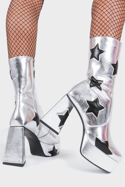 Seeking Stars Platform Ankle Boots in Silver faux leather. Features a Silver boot with Black stars all over. Calf length and on a Platform sole with a triangle heel. Ethical and 100% vegan. Knee High Platform Boots, Jailhouse Rock, Silver Boots, Platform Boots Chunky, Star Boots, Funky Shoes, Chunky Shoes, Red Boots, Star Shoes