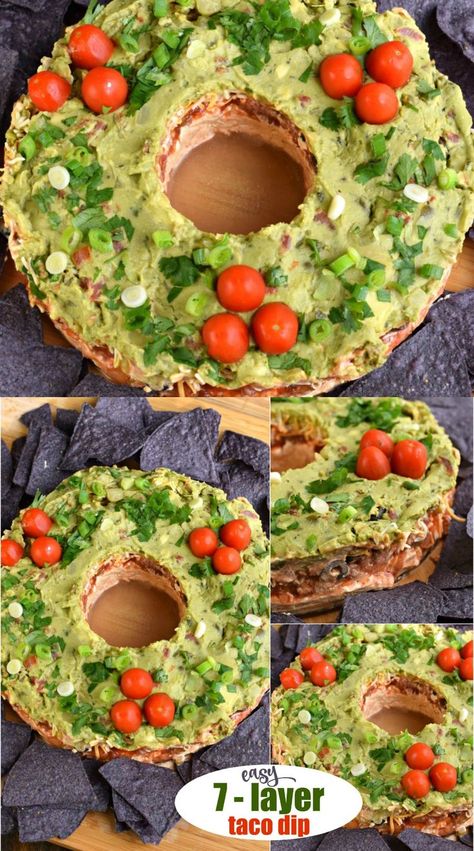 Quick and easy Festive Christmas Wreath Layered Taco Dip Recipe is the perfect holiday appetizer. Add the festive holiday touches, or serve it in a trifle for a true 7 layer taco dip experience! #christmas #holiday #appetizer #tacodip Quick Holiday Appetizers, Layer Taco Dip, 7 Layer Taco Dip, 7 Layer Dip Recipe, Holiday Appetizers Christmas, Layered Taco, Christmas Dip, Taco Dip Recipe, Layered Taco Dip