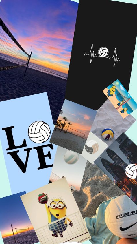 It has two pictures of minions playing volley ball it also has preppy beach volley ball pictures to Preppy Volleyball, Volleyball Wallpaper, Volleyball Pictures, A Collage, Volleyball, Jesus, Collage