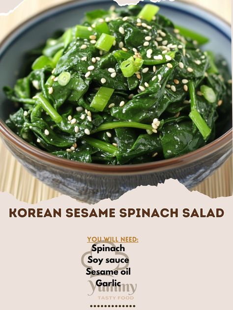 🌿🥗 Light and refreshing, this Korean Sesame Spinach Salad is packed with flavor and perfect for any meal! 🥢✨ #SesameSpinachSalad #KoreanSideDish Korean Sesame Spinach Salad Ingredients: Spinach (200g, blanched) Soy sauce (1 tbsp) Sesame oil (1 tbsp) Garlic (1 clove, minced) Sesame seeds (1 tbsp) Salt (to taste) Green onions (1, chopped) Instructions: Blanch spinach in boiling water for 30 seconds. Drain and cool. In a bowl, mix soy sauce, sesame oil, garlic, and salt. Toss the spinach in ... Asian Spinach, Sesame Spinach, Korean Side Dishes, Summer Dishes, Spinach Salad, Boiling Water, Salad Ingredients, Sesame Oil, Sesame Seeds