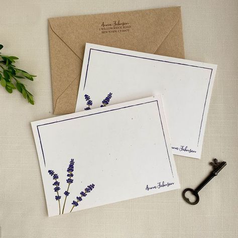 Lavender Personalized Stationery. Eco Friendly Botanical Notecard Set. Set of 10. Note Pad Design, Name Card Design, Paper Wall Hanging, Stationery Printing, Hanging Flower Wall, Wall Hanging Diy, Notecard Set, Envelope Design, Personalized Note Cards