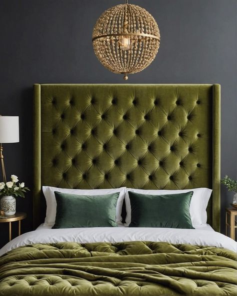 20 Olive Green Boho Style Bedroom Ideas – ToolzView Olive Headboard, Dark Green Headboard, Boho Style Bedroom Ideas, Velvet Tufted Headboard, Olive Green Bedrooms, Rattan Bed Frame, Style Bedroom Ideas, Chic Nightstand, Green Headboard