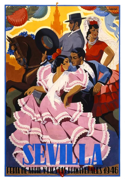 seville april fair,feria de sevilla,andalusia,seville,spain,flamenco,sevilla,affiche,cartel,poster art,vintage travel,festival,andalusia, easter,Baena,fiestas de primavera,sevillana,spain travel poster,spanish tourism,vintage spain,1940s,holy week,vintage advertising,retro poster,advertising poster,vintage spain travel,spain advertising,spain poster,poster art,vintage poster,affiche,cartel,vintage advertising poster,retro poster,retro advertising,Publicités Spanish Festivals, Spanish Posters, Retro Graphics, Poster Poster, Advertising Poster, Spain Travel, Vintage Travel Posters, Seville, Art Plastique