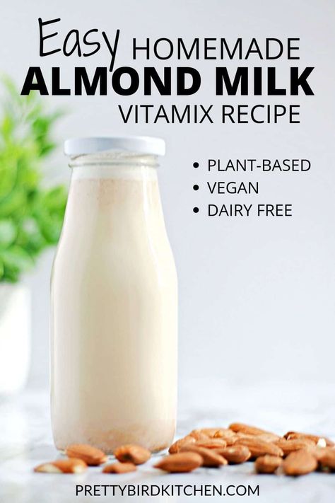 This is the easiest recipe for homemade almond milk I’ve ever tried! It only requires four simple ingredients and a Vitamix blender. If you want to know how to make almond milk, then this is your guide! And the best part is that it’s dairy free, naturally sweetened with dates, vegan, and whole food plant based. #almondmilk #plantbased #vegan #healthyrecipes Soaked Almonds, Make Almond Milk, Almond Milk Recipes, Plant Based Recipes Breakfast, Vitamix Blender, Homemade Almond Milk, Vitamix Recipes, Nut Milk Bag, Plant Based Breakfast