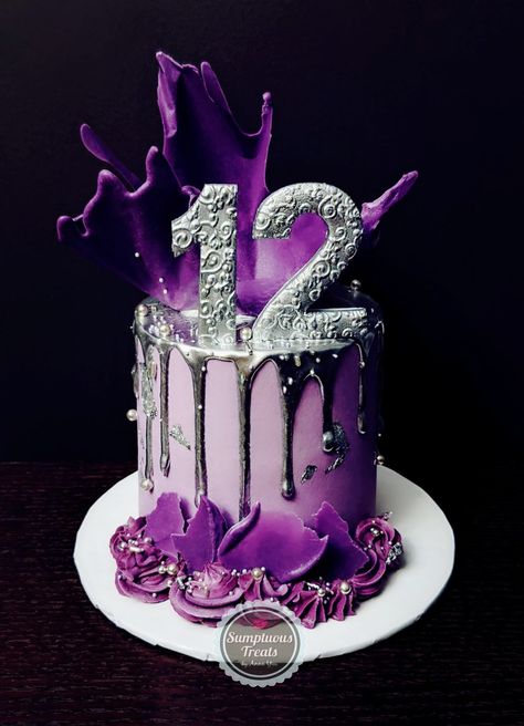 Purple & Silver Drip Cake #silverdripcake #purpleandsilvercake #buttercreamcakeart #customcakes #chocolateshards #torontocakes #silvercakes #dripcakeideas #buttercreambirthdaycake #cakes #torontocakeartist #purplechocolate #specialtycakes #markhamcakes #gtacakes  www.instagram.com/sumptuoustreats Purple Cake 60th Birthday, Purple Cake Designs Birthday Women, Purple And Silver Birthday Cake, Purple Silver Cake, Purple And Silver Cake, Silver Drip Cake, Dark Purple Cake, Purple And Black Cake, Purple Cake Designs Birthday