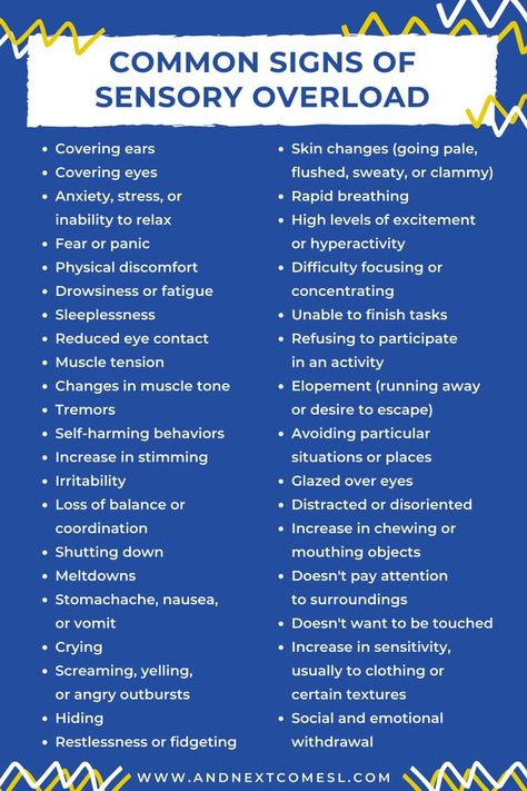 A list of common signs of sensory overload Sensory Processing Disorder Symptoms, Sensory Disorder, Sensory Overload, Sensory Issues, Sensory Processing Disorder, Spectrum Disorder, Mental And Emotional Health, Social Emotional Learning, Coping Skills