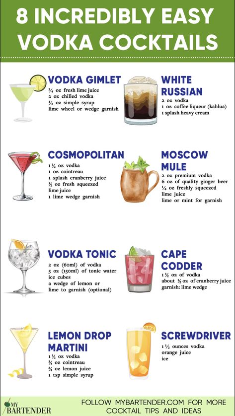 Easy Vodka Cocktails Classic Vodka Drinks, Best Mix Drinks Alcohol, Drinks Ideas Party, Simple Drinks With Vodka, Cheap Vodka Mixed Drinks, Simple Cocktails Vodka, Popular Vodka Cocktails, Easy Drinks Alcohol Recipes Vodka, Vodka Mixers Easy