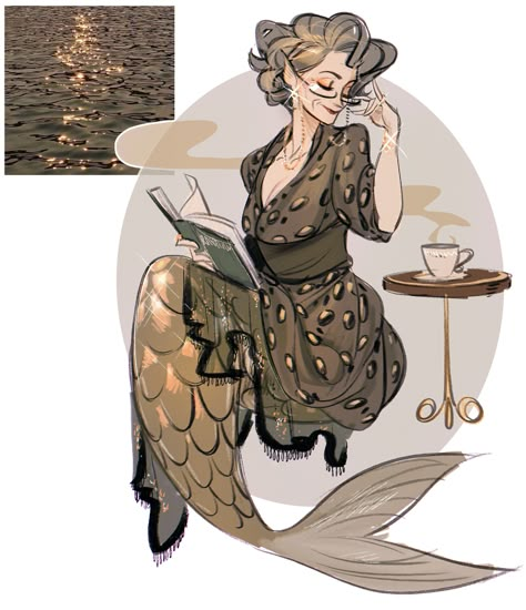 Mermaid Monster, Cup Dress, Steam Table, Old Woman, Mermaid Art, Open Book, Monster Girl, Grey Hair, Creature Design