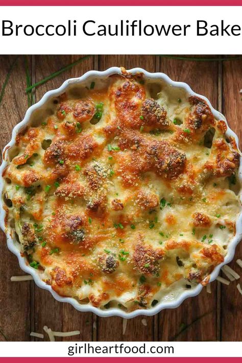 If you're looking for a simple and ultra comforting side dish, then this cheesy broccoli cauliflower bake is a must try! Broccoli and cauliflower florets are coated in a creamy white sauce, topped with cheese and bread crumbs and baked until bubbly, cheesy and delicious! This vegetable au gratin is sure to be a favourite! #broccolicauliflowerbake #broccolicauliflowercasserole #broccoliaugratin #caulifloweraugratin #broccolicaulifloweraugratin #cheesybroccoli #sidedish Casserole Recipes Broccoli, Broccoli Cauliflower Bake, Cheesy Broccoli Cauliflower, Veggie Bake, Recipes Broccoli, Cauliflower Bake, Vegetable Casserole Recipes, Au Gratin Recipes, Veggie Casserole