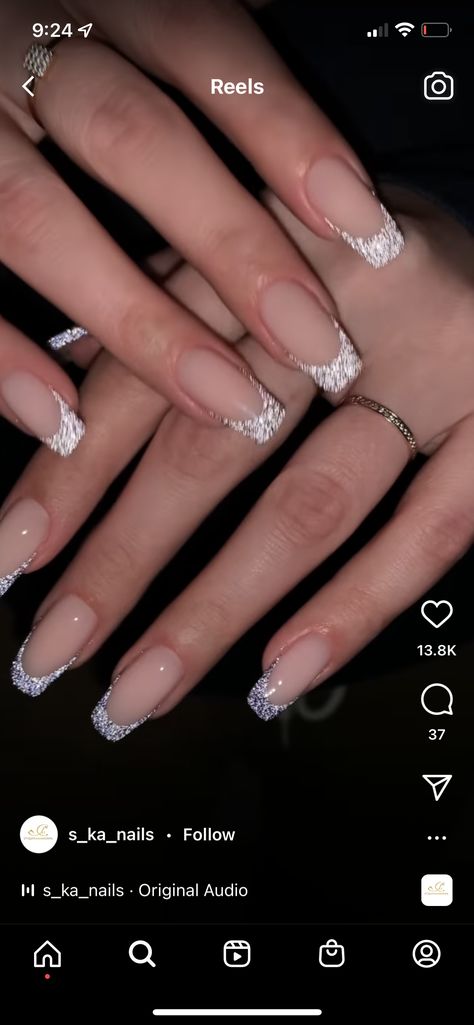 Nails White Tip With Glitter, Silver Sparkly Prom Nails, Silver Glitter Prom Nails, Sparkly Hoco Nails, Acrylic Nails For Hoco, Silver Formal Nails, Hoco Nails Silver, Nude Silver Nails, Formal Nails Prom