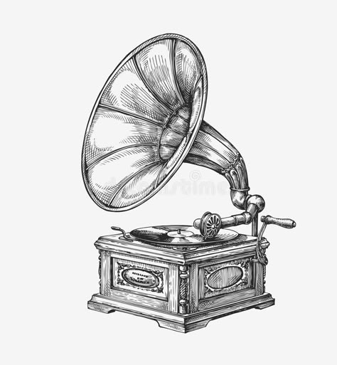 Cool Sketch Ideas Vintage, Gramophone Sketch, Gramophone Illustration, Gramophone Tattoo, Music Vector Illustration, Music Art Drawing, Vintage Gramophone, Vintage Sketches, Music Vector