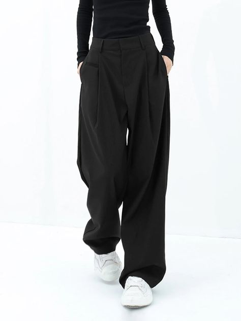 Upgrade your wardrobe with our Pleated Baggy Wide Leg Pants. Featuring invisible hook and pocket, front pleated design, and loose fit. Shop now for ankle length pants. Black Wide Leg Pants, Wide Leg Dress Pants, Long Midi Dress, Cardigan Sweater Jacket, Baggy Pants, Fit Pants, Cardigan Tops, Street Style Outfit, Outfits Casuales