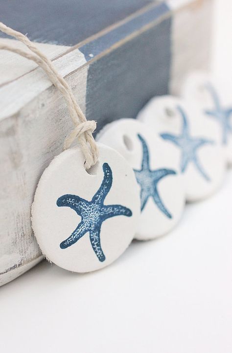 Starfish Gift Tags Clay : Hand Stamped White Clay Tags Navy Blue Starfish Set of 4 Coastal Beach Nautical Gifts Deco Marine, Coastal Christmas Decor, Beachy Christmas, Nautical Christmas, Dough Ornaments, Beach Ornaments, Seaside Decor, Beach Christmas, Coastal Christmas