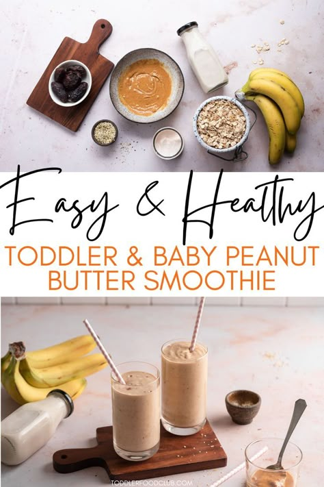 baby and toddler smoothie, healthy toddler smoothie, blw smoothie Easy Peanut Butter Smoothie, Healthy Peanut Butter Smoothie, Filling Breakfast Smoothie, Toddler Smoothie Recipes, Easy Quick Breakfast, Baby Smoothies, Healthy Smoothies For Kids, Toddler Smoothies, Filling Smoothie