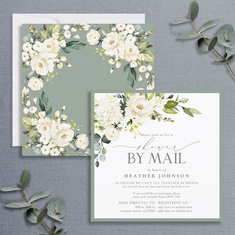 $1.80 | Elegant White Floral Watercolor Bridal Shower Mail #bridal shower, shower by mail, long distance, white floral watercolor, eucalyptus botanical greenery, square, change of plans, across the miles, cancellation, virtual bridal shower White Floral Watercolor, Bridal Luncheon Invitations, Watercolor Bridal Shower Invitations, Cocktail Party Invitation, Green Invitations, Brunch Bubbly, Bridal Brunch Invitations, Botanical Leaves, Modern Bridal Shower