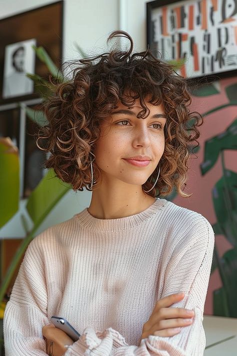 Short Curls Haircut, 3b Shag Haircut, Short Curly Bangs Hairstyles, Shoulder Length Curly Hair With Layers And Bangs, Short Shaggy Curly Hair, Short Hair Curly Bangs, Short Curly Haircuts Bangs, Wolf Cut Curly Hair Short, Short Curly Shag Hairstyles