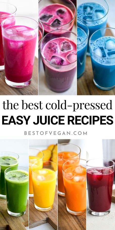 Looking for some juice inspiration? These 7 delicious, healthy, and easy juice recipes are ideal for beginners and experienced juicers alike. So grab your juicer and your favorite produce and let’s start juicing! In this article, you’ll find 7 recipes inspired by the colors of the rainbow, as well as some helpful juicing tips. #juicing #heathyrecipes #healthyjuicingrecipes #vegan #plantbased ❤️🧡💛💚💙💜💗 Natural Juice Recipes, Cold Pressed Juice Recipes, Juicing Ideas, Juicing Tips, Beet Juice Recipe, Fresh Juice Recipes, Easy Juice Recipes, Vegan Juice, Healthy Juicer Recipes