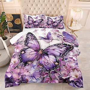 CCoutueChen Purple Butterfly Comforter Set Queen Size Chic Flower Butterfly Bedding Sets Botanical Plants Comforter Quilt Boho Animal Bed Set 3Pcs Soft Fluffy Comforter for Girls Women Adult Room Animal Bed, Purple Bedding Sets, Butterfly Bedding Set, Purple Room Decor, Fluffy Comforter, Butterfly Bedding, Comforter Bedding, Botanical Plants, Fluffy Bedding