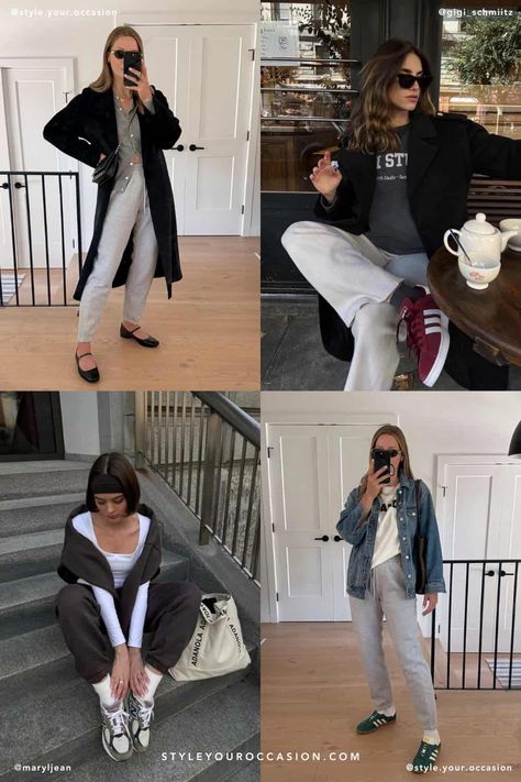 16  Chic Sweatpants Outfits That Prove They Aren't Just For Lounging Sweatpants Outfit Dressed Up, Wide Leg Sweatpants Outfit Casual, Sweet Pants Outfits, Sweatpants Styling, Winter Sweatpants Outfit, Sweatpants Outfit Winter, Sweatpants And Hoodie Outfit, Ways To Style Sweatpants, Sweatpants Outfit For School