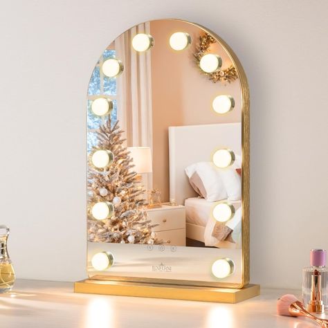 Amazon.com - LUXFURNI Vanity Mirror with Lights, 20.5" L x 13" W Arched LED Makeup Mirror, Lighted Makeup Mirror with Lights, Smart Touch Control Dimmable 3 Modes Light, Gold Dorm Mirror Ideas, Vanity Decor Aesthetic, Cute Girly Room Ideas, Pretty Mirrors, Light Up Vanity Mirror, Dorm Mirror, Cute Vanity, Light Up Vanity, Vanity Mirror With Lights