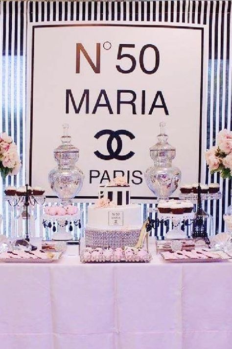 A fashionista birthday girl would love nothing more for her 50th birthday bash than to celebrate with a stylish party. You can go with a bunch of themes, such as Chanel, Kate Spade, Tiffany's, etc... according to whatever brand is most loved. See more party ideas and share yours at CatchMyParty.com Fashionista Birthday Party, Chanel Birthday Party Decoration, Coco Chanel Birthday Party, 50th Birthday Party Themes, 40th Birthday Themes, 50th Birthday Themes, Chanel Birthday Party, Chanel Birthday, 50th Birthday Party Decorations