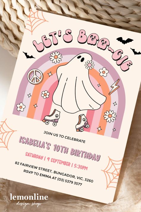 Get ready to roll into a spooktacular Halloween bash with our EDITABLE Halloween Roller Skate birthday invitation! This invitation is perfect for an epic Halloween party on wheels, whether you're hitting the rink or rolling through the haunted park! Roller Skate Rink, Epic Halloween Party, Skate Rink, Roller Skating Birthday Invitations, Disco Halloween, Roller Skate Birthday Party, Skate Birthday Party, Groovy Ghost, Roller Skate Birthday