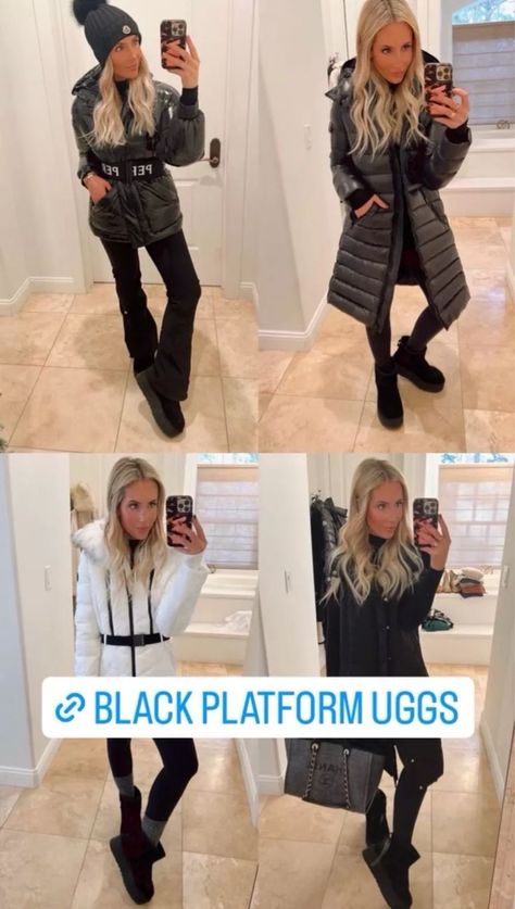 Black Platform Outfit, Black Mini Uggs Outfits, Black Ugg Outfit, Black Boots Outfit Winter, Platform Ugg Outfit, Black Uggs Outfit, Converse Outfit Fall, Japanese Winter Fashion, Platform Boots Outfit