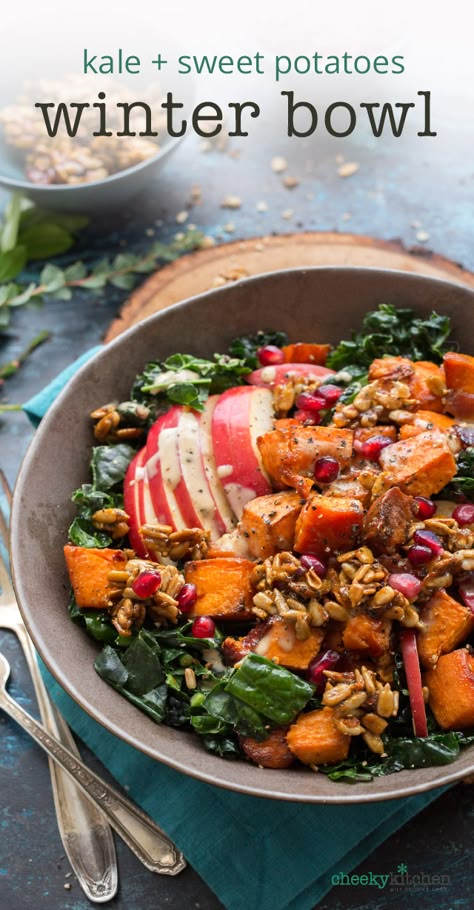 Kale and Sweet Potato Winter Bliss Bowl — Brooke Lark Winter Power Bowls, Whole30 Winter Recipes, Kale And Sweet Potato Bowl, Kale Power Bowl, Fall Buddha Bowl, Sweet Potato Lunch Bowl, Simple Bowl Recipes, Clean Winter Meals, Winter Buddha Bowl