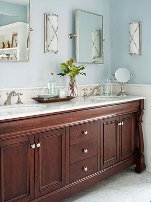 More Stylish Bathroom Color Schemes Soft Blue Walls, Best Kitchen Design, Bathroom Color Schemes, Walnut Cabinets, Master Bath Remodel, Bathroom Color, Bathroom Redo, Wood Vanity, Blue Bathroom