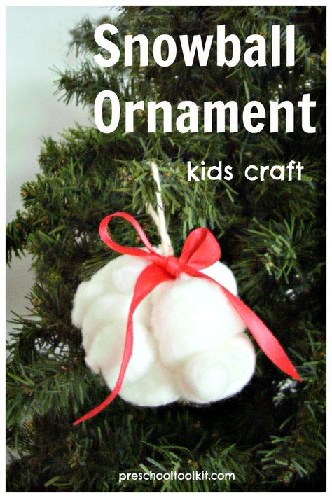 This snowball ornament craft is a fun lacing activity for preschoolers. Decorate the cotton ball ornament with narrow ribbon to make a simple Christmas decoration. #kidscrafts #christmascrafts Cotton Ball Crafts, Snowball Ornament, Craft For Preschoolers, Candy Cane Crafts, Sensory Crafts, Preschool Christmas Crafts, Ornament Craft, Santa Crafts, Kids Christmas Ornaments