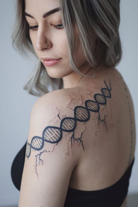 Add some electricity to your tattoo with a DNA strand surrounded by jagged lightning bolts. This design symbolizes energy, power, and life�s electric force, making it a striking choice for the shoulder. Heart Tattoo On Finger, Dna Tree, 2025 Vibes, Dna Strand, Dna Tattoo, Dna Helix, Waist Tattoos, Finger Tattoo For Women, Yin Yang Tattoos