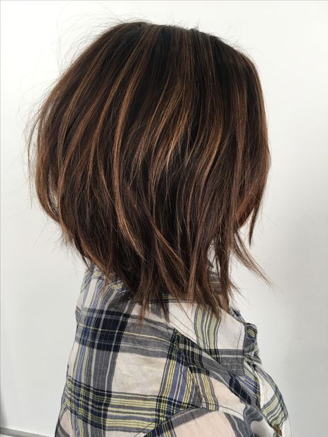 Dark Bob Highlights, Highlights Brown Hair Short Bob, Hi Lo Haircut Women, Short Brunette Highlights, Highlights On Dark Hair Medium Length, Highlights Dark Brown Hair Short, Balayage For Short Dark Brown Hair, Brunette Fall Hair 2023 Short, Dark Hair With Highlights Short