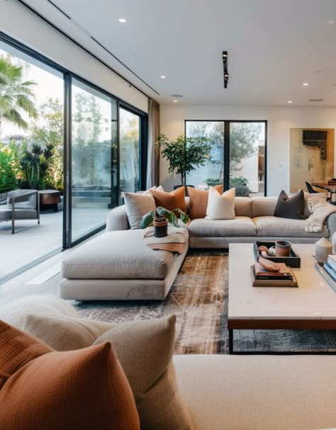 Sliding Doors Living Room Indoor Outdoor, Big Glass Doors Living Rooms, Living Room Garden View, Living Room With Big Sliding Door, Modern Living Room Big Windows, Glass Wall Living Room Big Windows, Lux Living Room, Modern Villa Interior Design, Farmhouse Living Room Designs