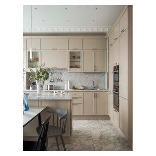 кухня - Contemporary - Kitchen - Other - by BERNIDESIGN | Houzz AU Beige Countertops Kitchen, Penny Tiles Kitchen, Beige Countertops, White Laminate Countertops, White Subway Tile Kitchen, Beige Kitchen Cabinets, Shaker Style Kitchen Cabinets, Beige Cabinets, Cabinet Designs