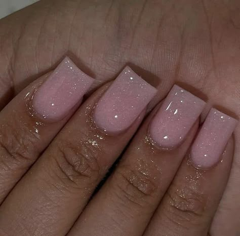 Pink Nut Nails, Pink Nails With Sparkle Accent, Sparkly Nails Short Square, Nude Sparkly Nails Square, Nude Pink Sparkle Nails, Short Sparkly Acrylic Nails, Pink And White Ombre Acrylic Nails, Graduation Short Nails, Short Birthday Nails Inspiration