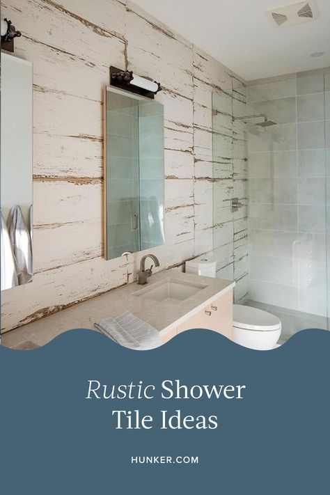 Rustic Modern Shower Ideas, Rustic Tile Shower Ideas, Wood Shower Walls, Rustic Shower Tile, Rustic Shower Ideas, Wood Look Tile Bathroom, Distress Wood, Marble Shower Tile, City Bathrooms