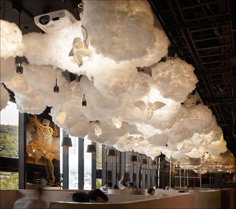 Cloud Cafe Design, Thunderstorm Party Theme, Clouds Wedding Theme, Cloud Centerpiece Ideas, Cloud Ceiling Decor, Cloud 9 Wedding Theme, Cloud Wedding Theme, Heaven Themed Party, Cloud Event