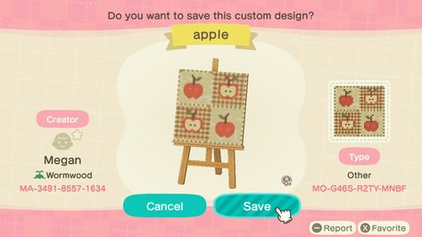 {Not my design} Acnh Apple Design Code, Acnh Fall Custom Designs, Acnh Design Qr Codes, Acnh Apple Design, Acnh Quilt, Animal Crossing Apple, Acnh Flag Design, Fall Acnh, Apple Quilt