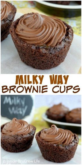 Caramel centers and whipped chocolate make these little Milky Way Brownie Cups a fun surprise treat. Cake Brownies, Cookie Cups Recipe, Resep Brownies, Brownie Cups, Brownie Cupcakes, Bite Size Desserts, Oreo Dessert, Food Cakes, Chocolate Cupcakes