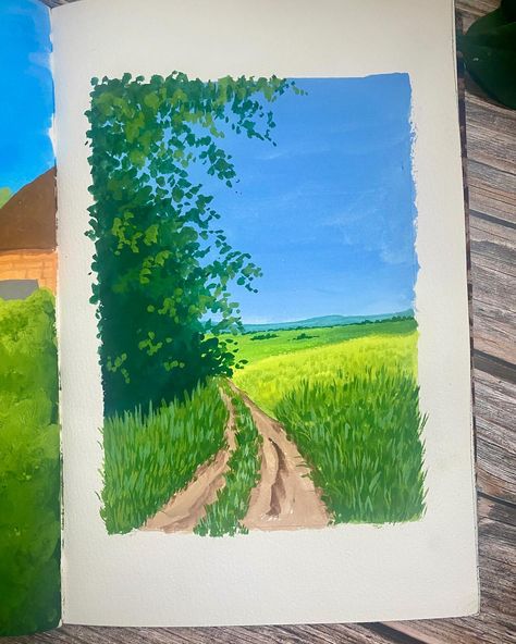 I want to take a walk here 🌿 #springlandscape #countryside #pathway #countrysideroad #lushgreen #paintinglandscape #paintingart #gouachelandscape #gouachedrawing drawing painting spring landscape artist countryside road beautiful nature photography serene aesthetic cozy anime studio ghibli Ghibli Painting, Cozy Anime, Serene Aesthetic, Beautiful Nature Photography, Anime Studio Ghibli, Countryside Paintings, Pen Art Work, Anime Studio, Painting Spring