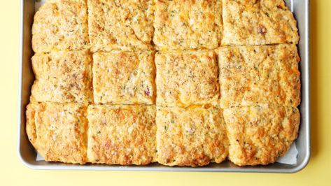 Sheet Pan Biscuits With Bacon, Cheddar & Herbs Recipe - Food.com Sheet Pan Biscuits, Pan Biscuits, Parker House Rolls, Herb Recipes, Just Bake, Parker House, Buttermilk Biscuits, Bacon Cheddar, Zebra Stripes