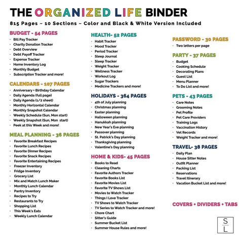 Fabulously organize your entire home and life with this customizable life organization and home management system! The 815 page letter sized kit comes with a a variety of worksheets and trackers, and also customizable covers, section tabs and spine labels and includes 10 different sections: Budget and Finances Calendar and Time Management Meal Planning Health and Wellness Holidays Home & Kids Password Management Party Pets Travel Comes in both black and white and a bright rainbow color scheme.No Life Planning Binder, Household Must Haves List, Organize Life Binder, Family Organization Binder, Organizing Finances Ideas, Sunday Basket File Categories, Life Binder Aesthetic, Organizing Life Planner, Life Management Binder Categories