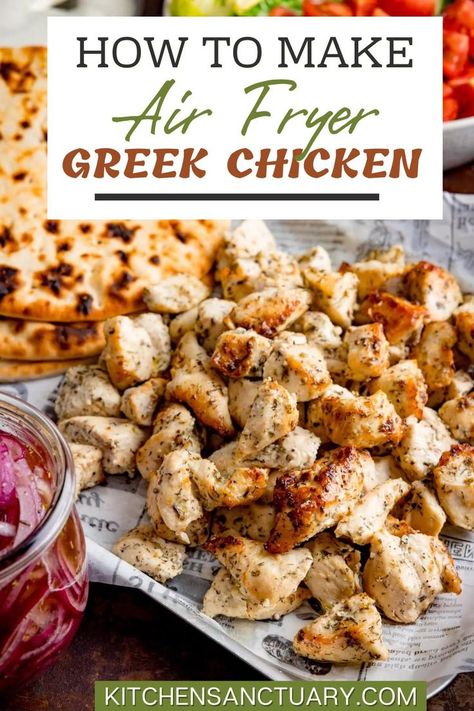 Air Fryer Greek Chicken, Chicken Air Fryer Recipes, Mediterranean Diet Chicken, Chicken Pita Recipes, Greek Chicken Pita, Chicken In The Air Fryer, Chicken Air Fryer, Kitchen Sanctuary, Mediterranean Diet Recipes Dinners