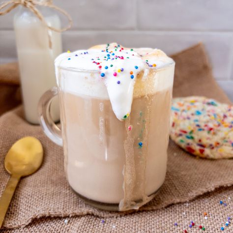 Sugar Cookie Creamer and Sugar Cookie Cold Foam - So EASY! Cookie Butter Creamer, Frosted Sugar Cookie Creamer Recipe, Sugar Cookie Creamer Recipe, Sugar Cookie Cold Foam, Sugar Cookie Coffee Creamer Recipe, Heavy Whipping Cream Coffee Creamer, Sugar Cookie Creamer, Holiday Coffee Drinks, Diy Sugar Cookies