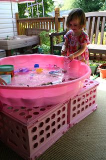 Milk Crates, Water Table, Outdoor Classroom, Kiddie Pool, Toddler Fun, Backyard Fun, Outdoor Kids, Summer Activities, Upside Down